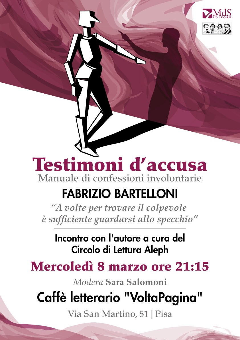 MdSEditore's tweet photo. Domani sera Fabrizio Bartelloni e i suoi "Testimoni d'accusa" al VoltaPagina di Pisa. @CasaLettori @LibriamoTutti @AerariumL @CattedraleMag https://t.co/FDeCivHdjv