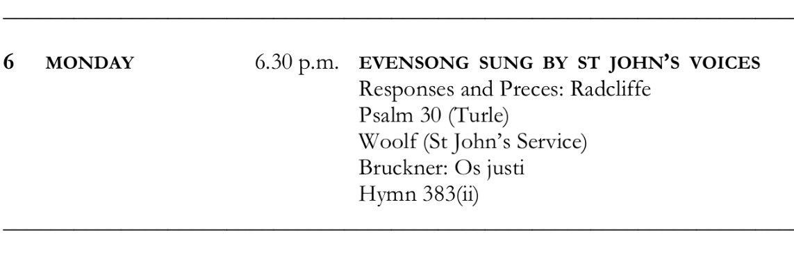 Cambridge folk, please come to St John's Evensong tonight at 6.30pm! My Mag &amp; Nunc, plus Bruckner Os Justi! @StJohnsVoices are awesome