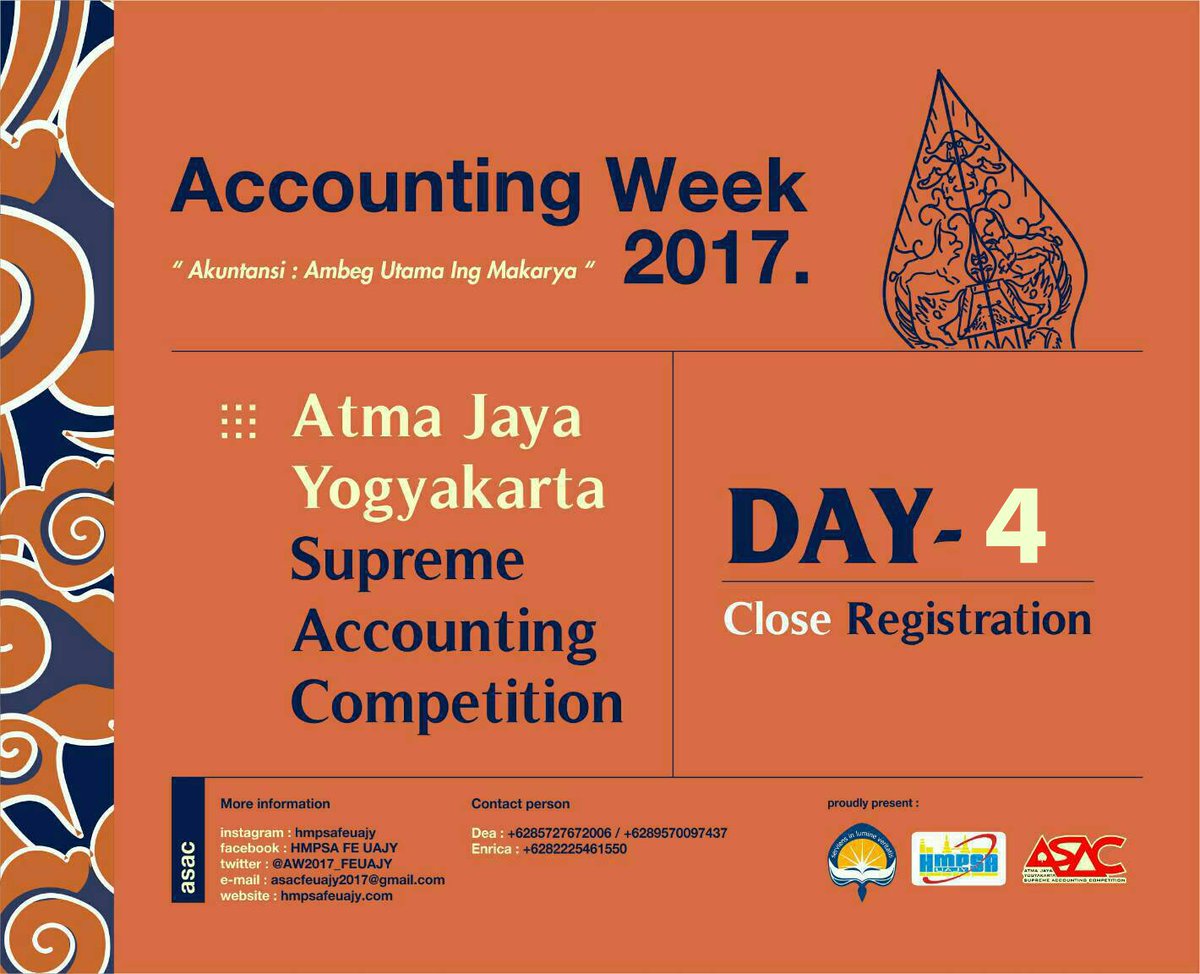 [D-4 CLOSE REGISTRATION ASAC 2017]
Mark the date 📆, register your team, and join us! 
DEA (085727672006/0895700975437)
ENRICA (082225461550)
