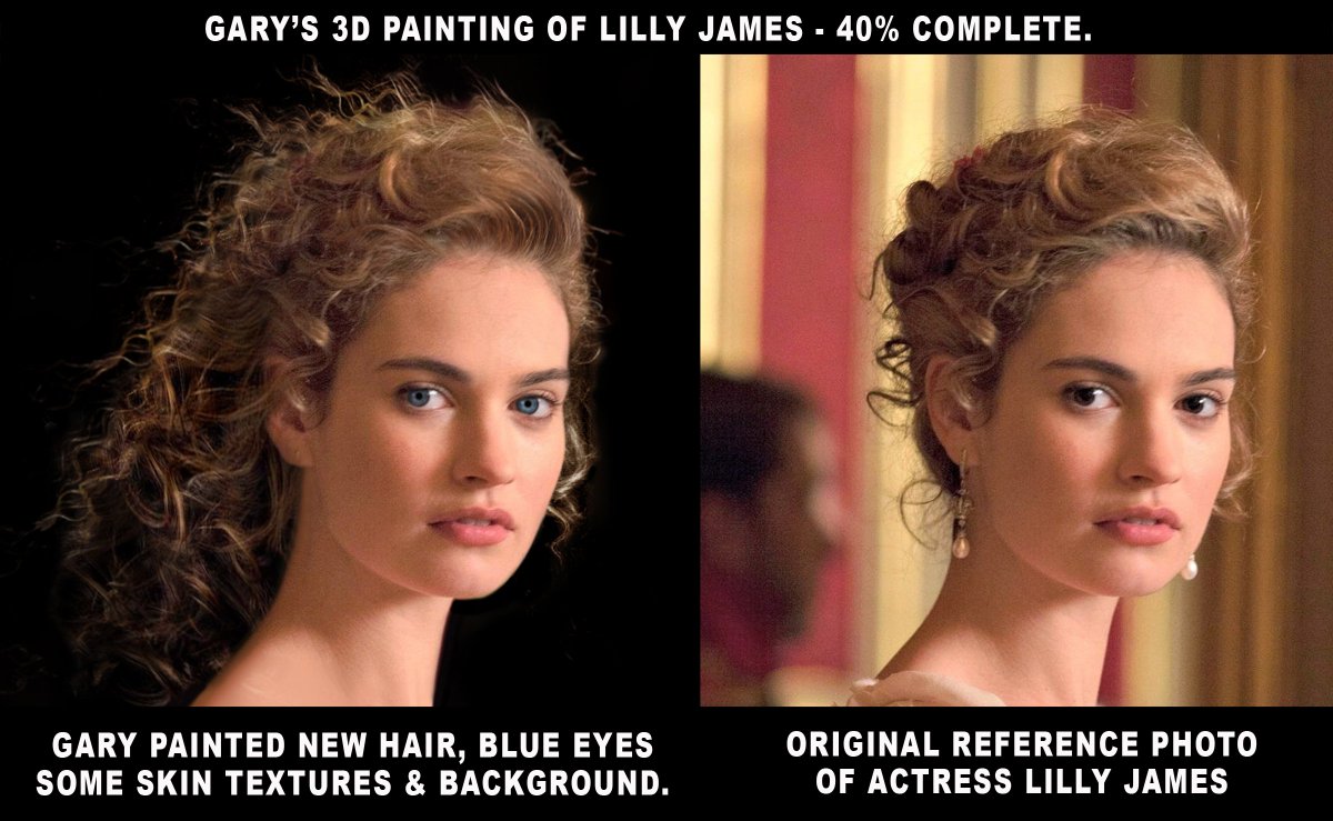 GARYCOLEIV's tweet photo. I JUST CREATED A PAINTING (LEFT SIDE) OF LILY JAMES (CINDERELLA). THIS WIND BLOWN LOOK IS NOW 40% COMPLETE. I USED AFTEREFFECTS &amp; PHOTOSHOP. https://t.co/TGlKnS4sUt