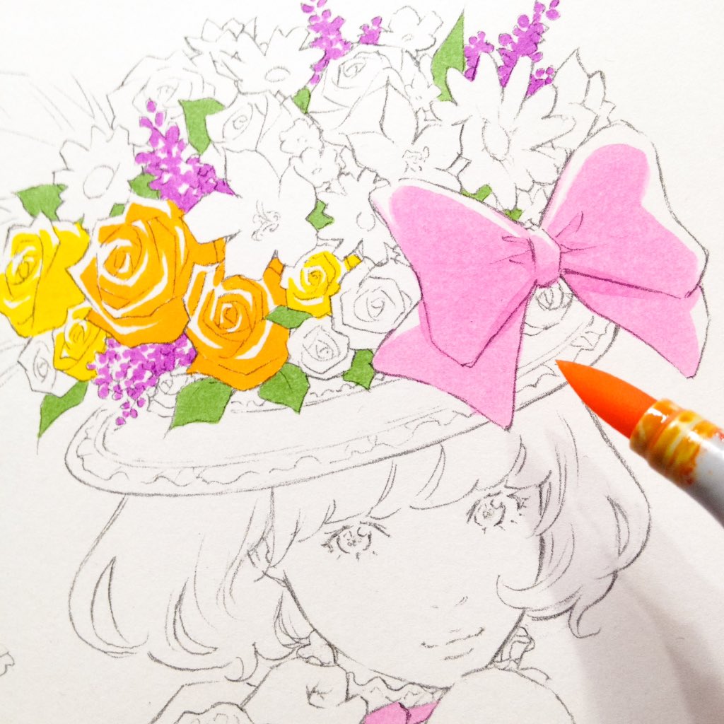 「下絵→着彩までの流れ。30周年に相応しく、できるだけ沢山の種類のコピックを使用し」|窪之内 Eisaku 英策のイラスト