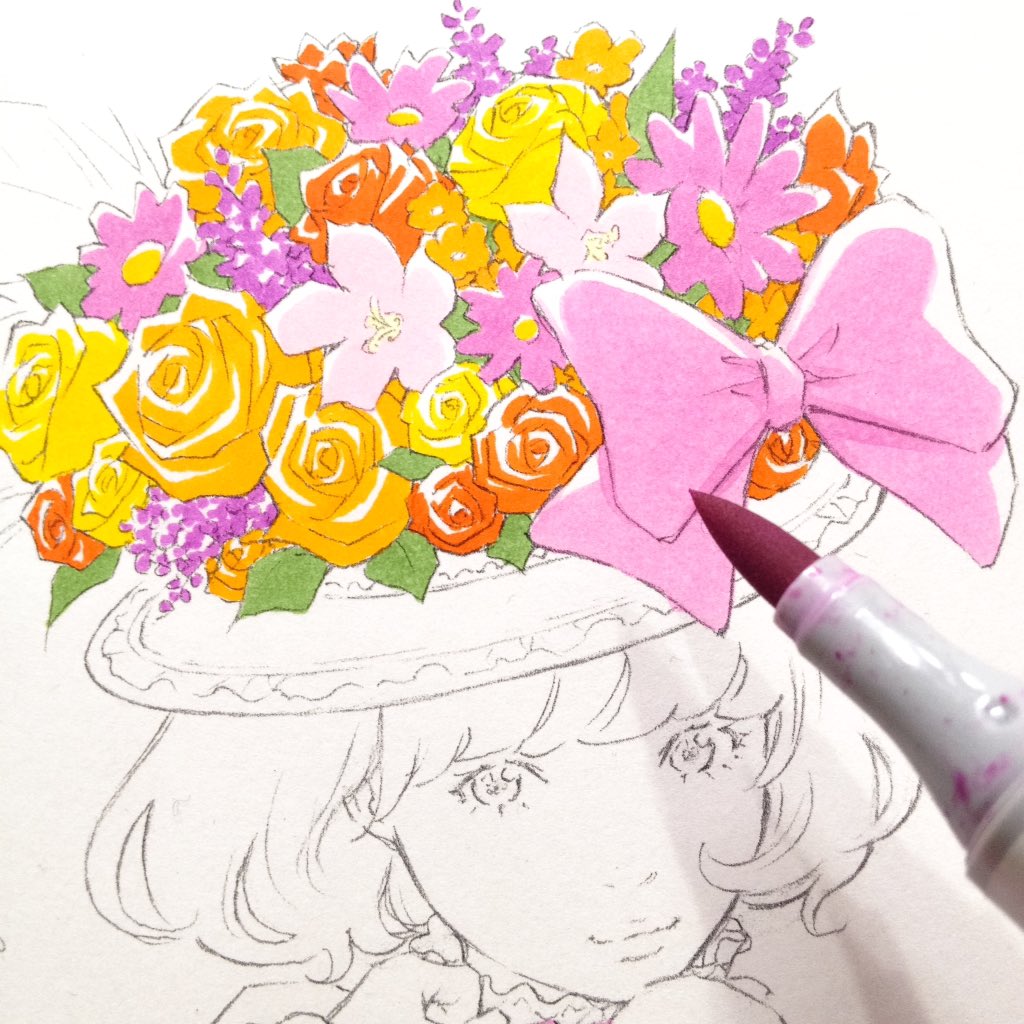 「下絵→着彩までの流れ。30周年に相応しく、できるだけ沢山の種類のコピックを使用し」|窪之内 Eisaku 英策のイラスト