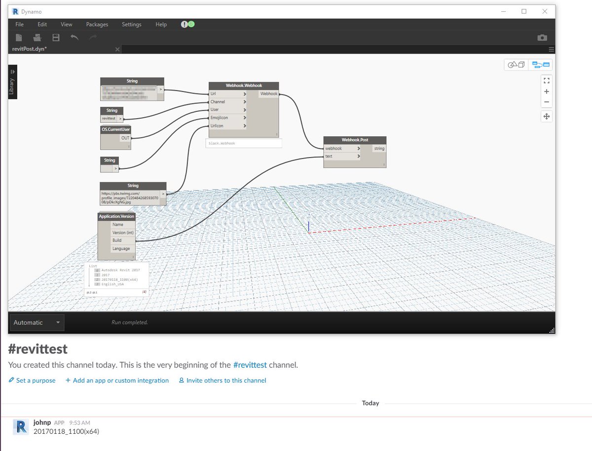 johntpierson's tweet photo. Writing the current user's #Revit build number to @SlackHQ with #Dynaslack and #DynamoBIM. Pretty awesome! Thank you @radugidei! https://t.co/7VY1Erjdnd
