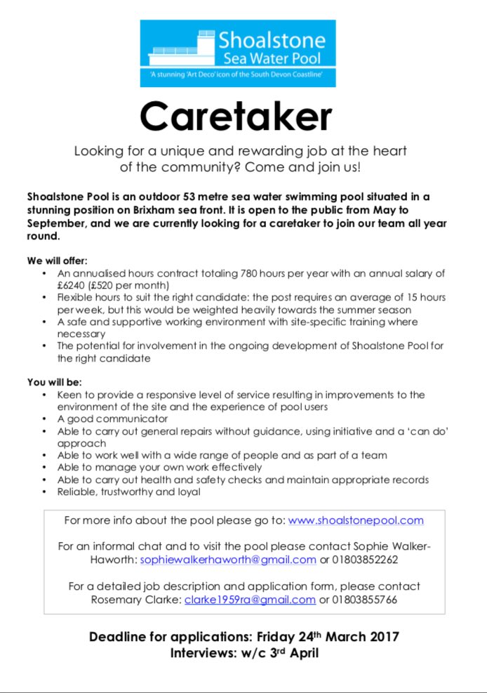 shoalstonepool's tweet photo. We're looking for a caretaker! Please RT, and get in touch if you'd like more info 😊 https://t.co/A7f1A7ha9n