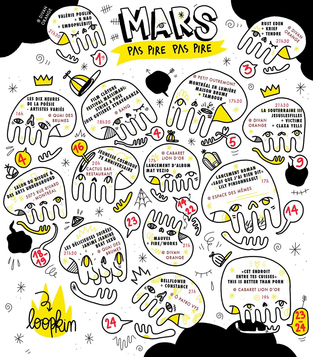 PASPIREPASPIRE's tweet image. Calendrier PPPP de mars par LOOPKIN🖤💀. Plein de belles soirées pour accueillir ton printemps.