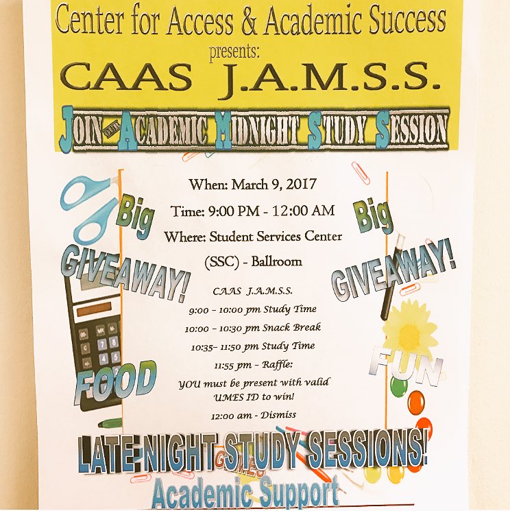 UMESCAAS's tweet photo. 😎CAAS J.A.M.S.S. midnight study session📚Mark the date📍 March 9th📆 Study session w/ free food🍕, tutoring, giveaways🎁 &amp; more! #UMES #UMESCAAS https://t.co/FYhRDP7j9p