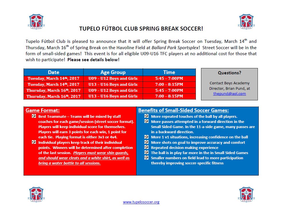 Tupelo FC United (@tupelo_fc) on Twitter photo If you're in town next week, please come join us for <a href="/Tupelo_FC/">Tupelo FC United</a> Spring Break Soccer Fun! If you're in town next week, please come join us for <a href="/Tupelo_FC/">Tupelo FC United</a> Spring Break Soccer Fun!