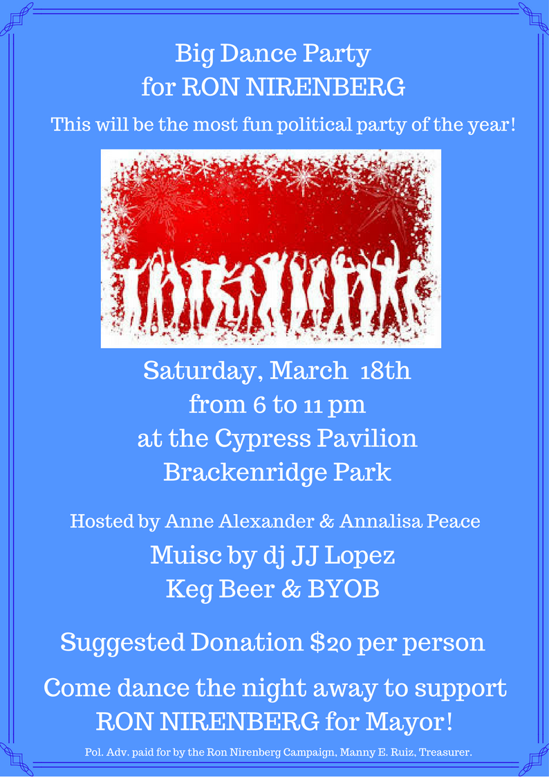 Ron_Nirenberg's tweet photo. Join me in the most fun Dance Party of the year! March 18th @brack_park_sa 🎉 #Ron4SA https://t.co/hZka6BcxiQ