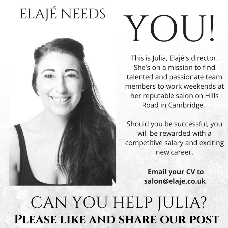 Elajehairbeauty's tweet photo. ELAJE NEEDS YOU! We're #recruiting for #weekendstaff and #fulltimestaff at our salon in #Cambridge,  join the team today! https://t.co/MBh1fzvLpy