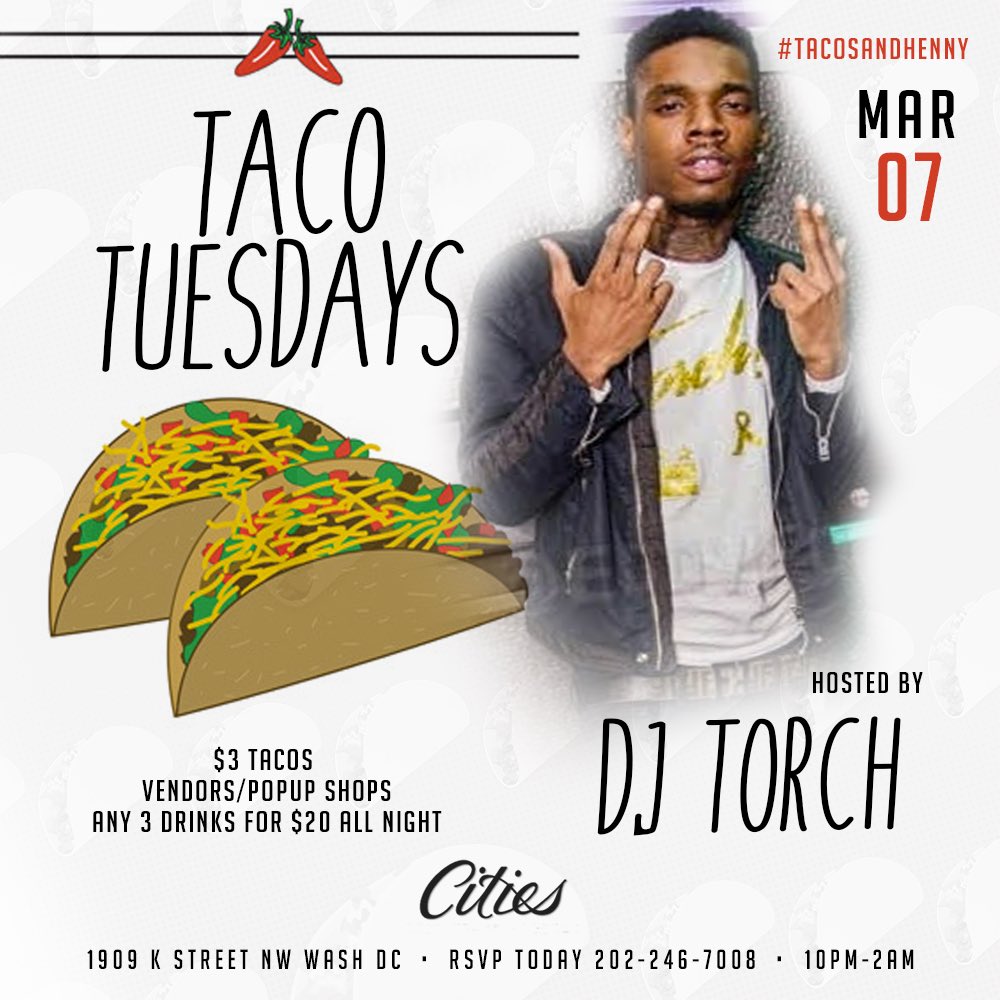 ChefBeezus's tweet photo. (TUES 3/7) (TUES 3/7) #AzWeek going crazy #TACOSANDHENNY @ CITIES! $3 TACOS/// ANY 3 DRINKS $20! Dj Torch will be there live! https://t.co/8tHLQXCt0H