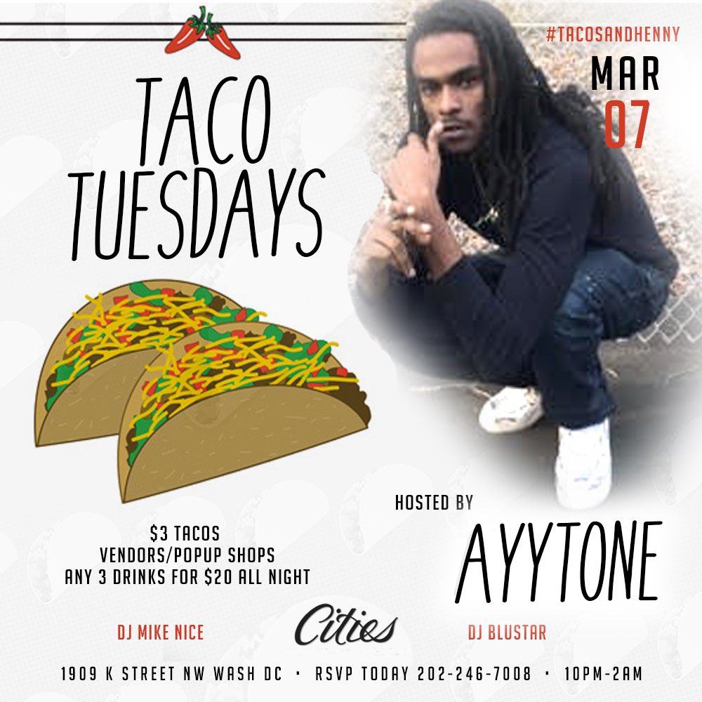 ChefBeezus's tweet photo. (TUES 3/7) #AzWeek going crazy #TACOSANDHENNY @ CITIES! $3 TACOS/// ANY 3 DRINKS $20! @AYYTONE301 will be there live! @AzianWitSwag bday! https://t.co/Xmo1GaKA5H