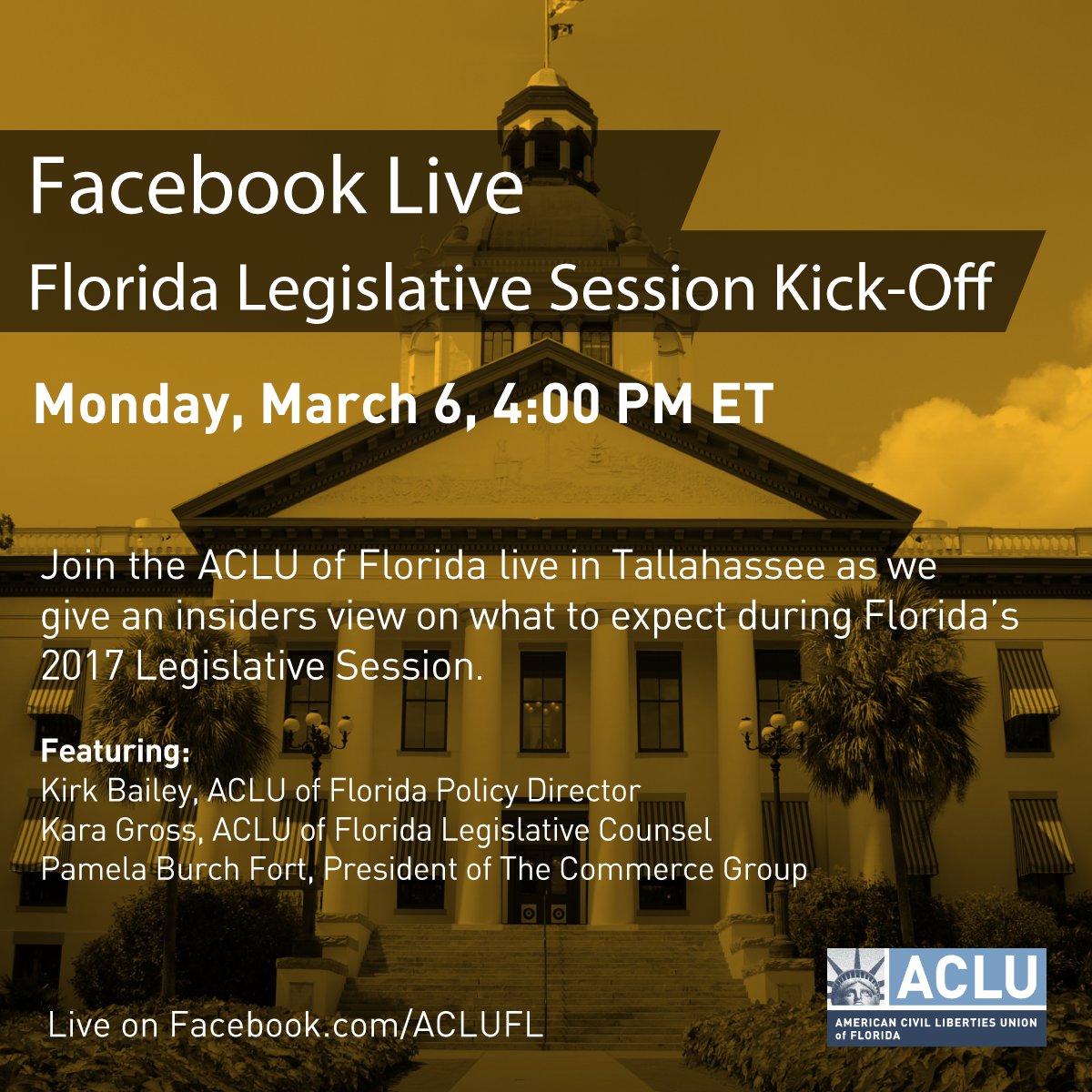 ACLUFL's tweet image. Today at 4 PM ET: Tune in on Facebook for a live take on the #FloridaLegislativeSession &amp;amp; how you can get involved. Facebook.com/ACLUFL