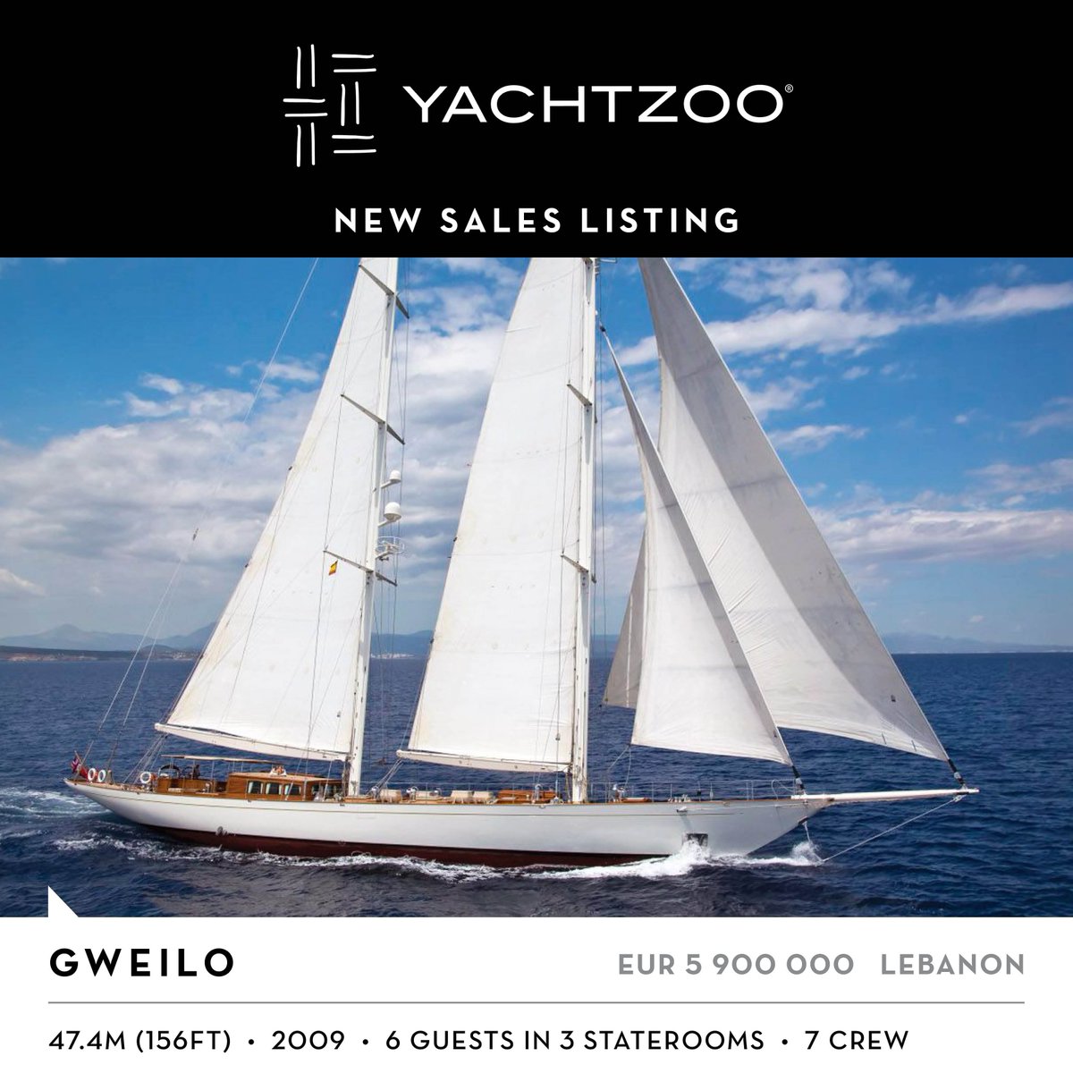 Yachtzoo's tweet photo. Sail into the sunset with 47.4m S/Y GWEILO, for sale with #YACHTZOO €5.9m https://t.co/e6ePJzBdf2 #yachtforsale #abreedapart #superyacht https://t.co/GwEQoe5zZZ