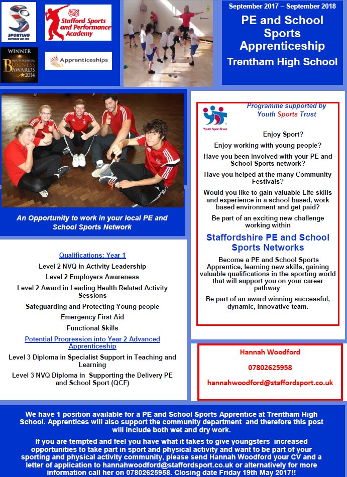 Great opportunity for a school sports apprentice at Trentham High School. All details available on the advert.