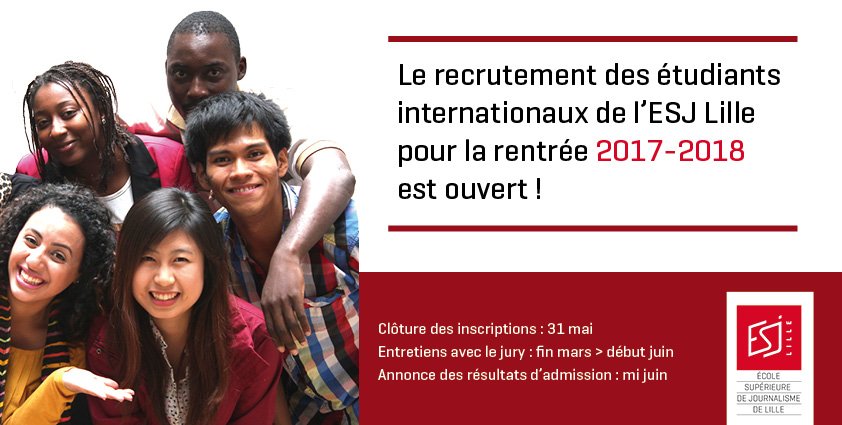 Les inscriptions pour la rentrée 2017-2018 des étudiants internationaux de <a href="/ESJLille/">ESJ Lille</a> sont ouvertes sur bit.ly/2mdBCgB #Medias