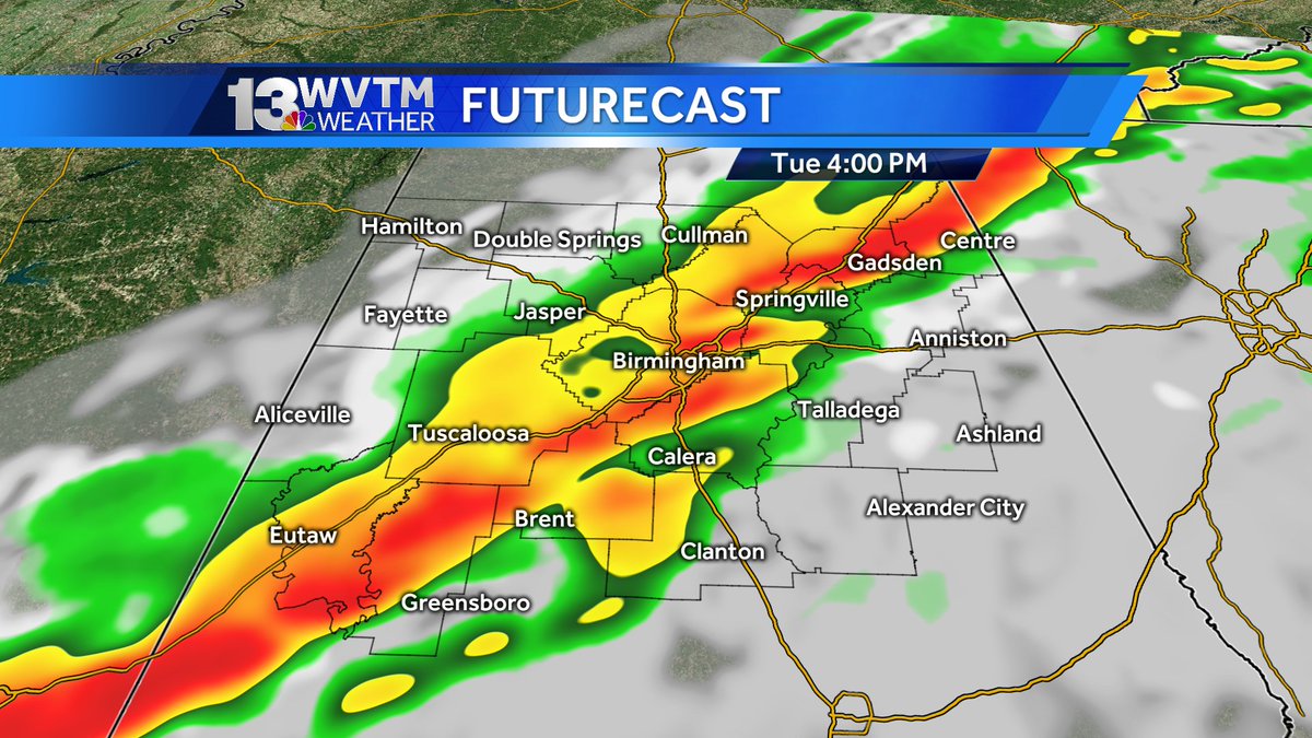StephWVTM13's tweet photo. Thunderstorms are likely Tuesday afternoon.  A few storms could briefly go severe with winds gusting 60 mph. https://t.co/CLPdHoIq0G