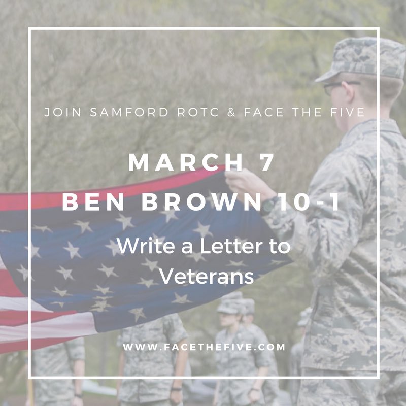 facethefive's tweet image. Come to Ben Brown tomorrow from 10-1 and write a letter to veterans! #chanementalhealth