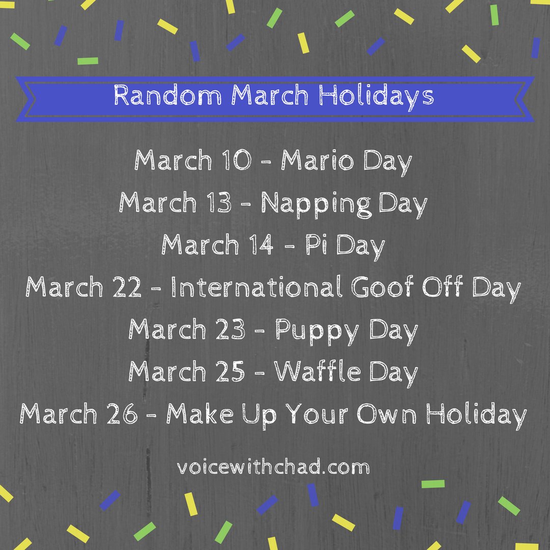 voicewithchad's tweet photo. Which random holiday are you going to celebrate this month? 
#MarchHolidays #Puppies #Waffles #Naps #PiDay #Mario https://t.co/7F77FGhTl0