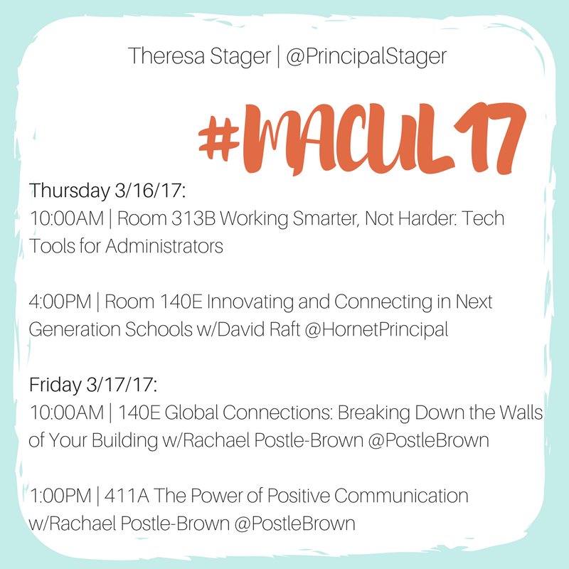 TheresaStager's tweet photo. If you're going to #MACUL17 next week, come and see @PostleBrown @HornetPrincipal and me for a session or two! #MichEd #MEMSPAChat #SIGADMIN https://t.co/XPhevDj7Cv