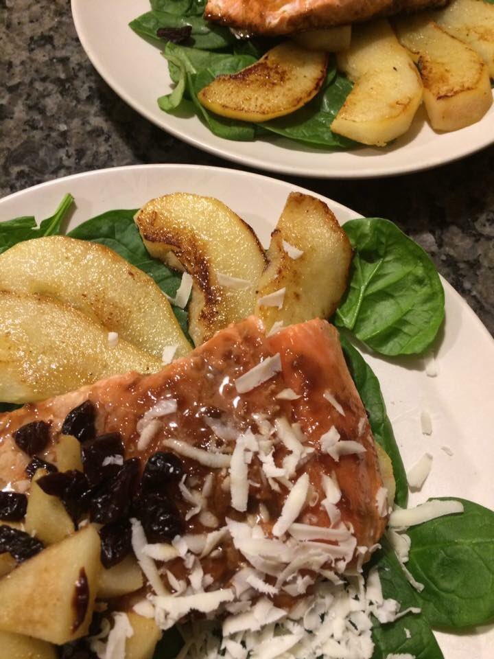 Ginger glazed Salmon w/ pears, cherries over spinach #foodislove #Foodie #yourhomecook #mealprep