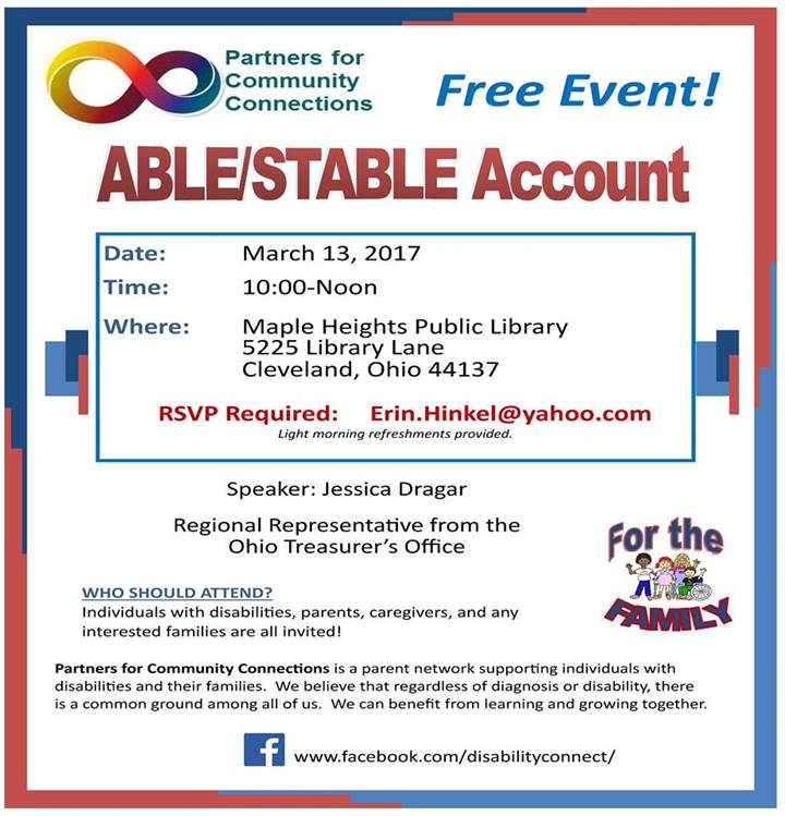 Want to learn more about ABLE/STABLE Accounts? Come to Maple Heights Library for a free presentation on March 13.