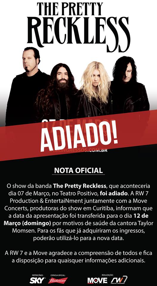 ATENÇÃO! SHOW DE CWB ADIADO PARA O 12/03