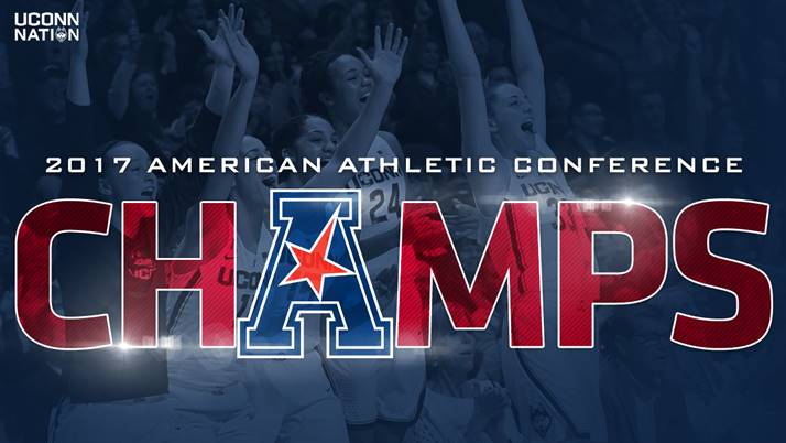 UConnWBB's tweet photo. The Huskies are your 2017 American Athletic Conference champions!! UConn claims its 4th-straight title, demolishing USF 100-44 #UConnNation https://t.co/QWVUXRRb6X