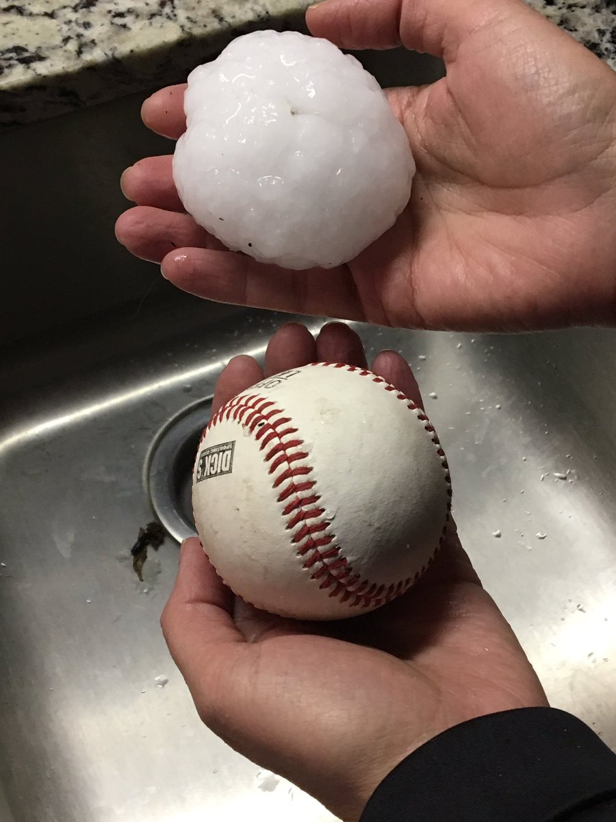 KCTV5's tweet photo. Check out this baseball-size hail. Reported in De Soto, KS: #kswx #mowx  #kcwx https://t.co/RkcFuTrwoS