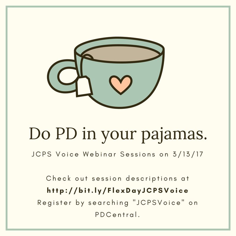Join us for a day of learning in your pajamas. Virtual flex day sessions will be offered from 8:30 am to 5 pm. @JCPSpdCoord @jcpsforward
