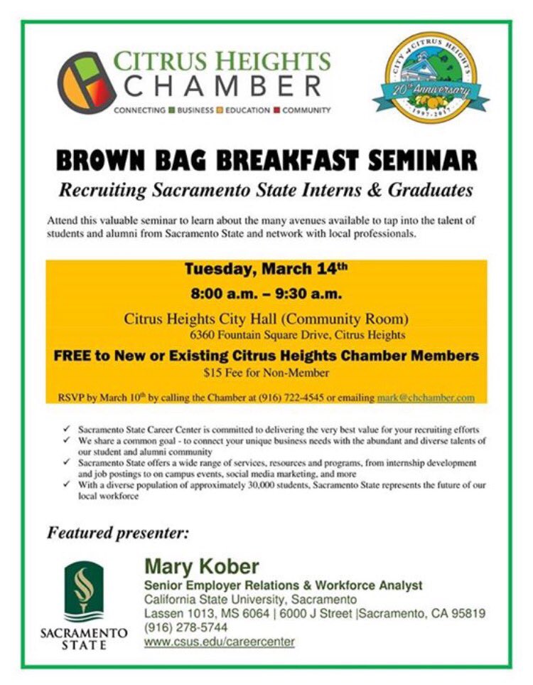 RSVP today for the Chamber's "Brown Bag" Breakfast Seminar on March 14 from 8-9:30am in the Community Room at City Hall! <a href="/CityofCHeights/">CityofCitrusHeights</a>