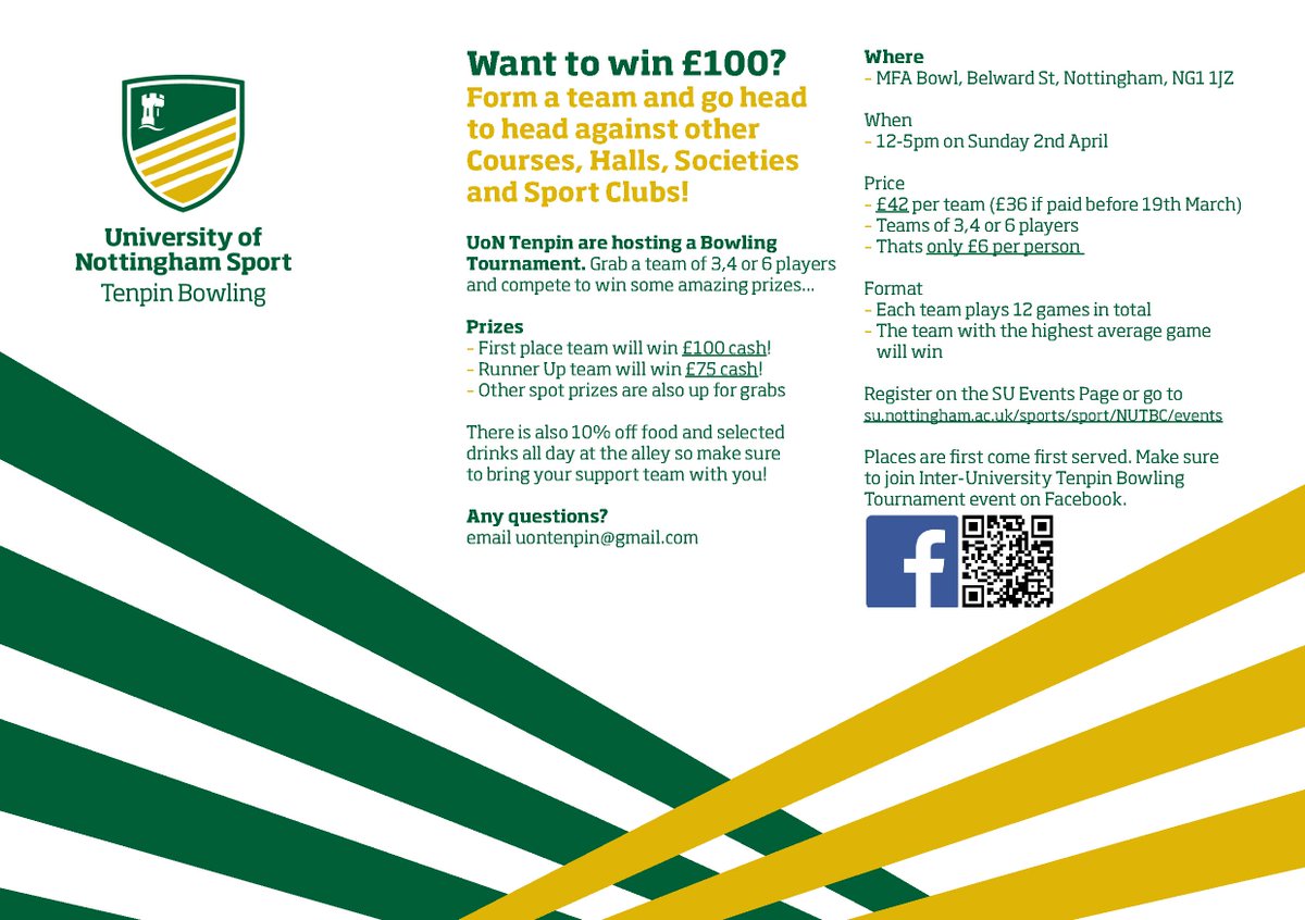 UoNTenpin's tweet photo. Entries are LIVE for our University-wide tournament (April 2nd). Beat the other UoN halls, sport and society teams to win £100 cash! #UoNSU https://t.co/5o6bcvdq4y
