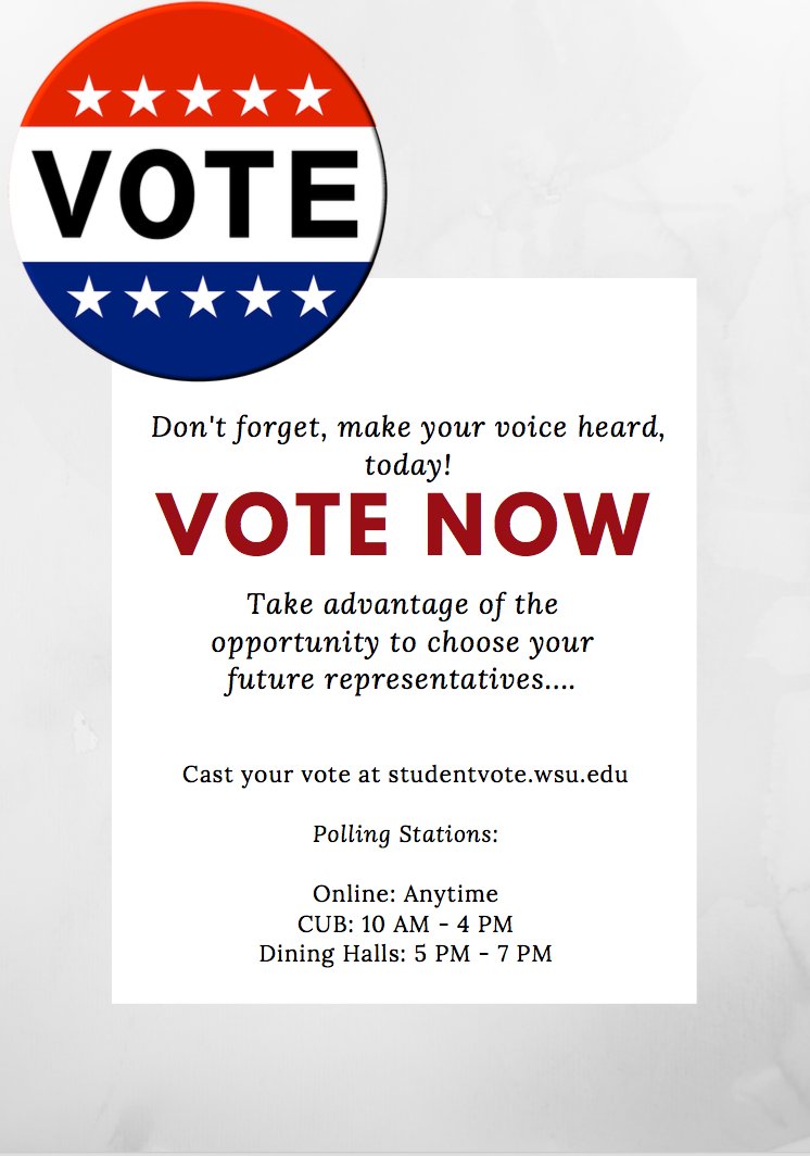 ASWSU's tweet photo. Vote! Vote! Vote! Polls open at midnight tonight! Don't miss the opportunity to make your voice heard! https://t.co/yZUc8nchzo https://t.co/iyvECCJuTo
