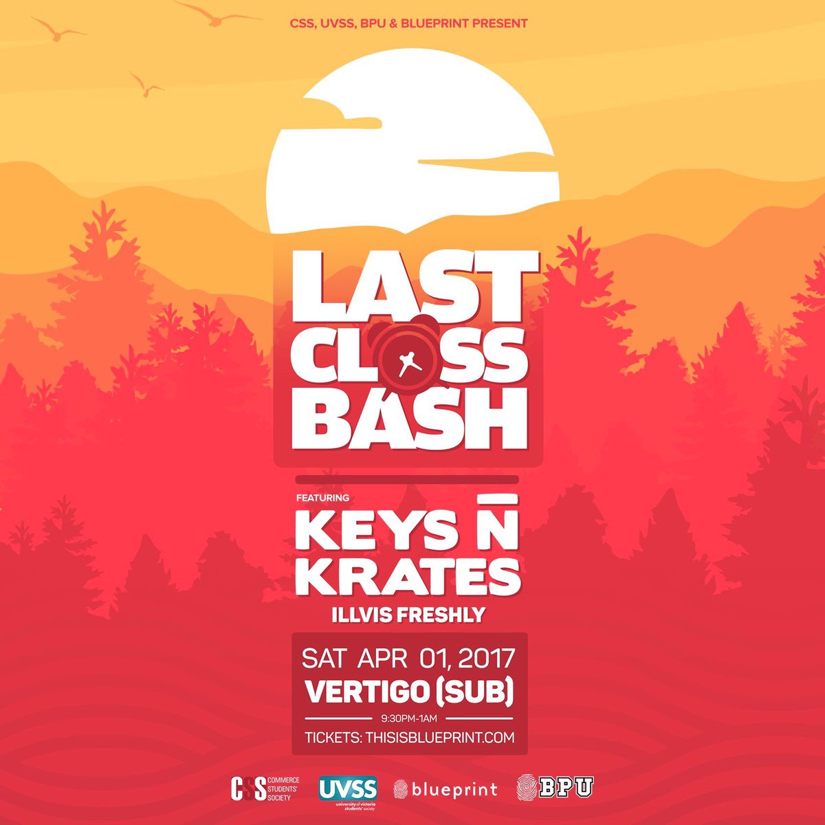 UVSS's tweet photo. UVSS Events (partner w/ #Blueprint University) to bring #LastClassBash ft @keysnkrates & @illvisfreshly Apr 1 #uvic
https://t.co/ou43HPcY4O https://t.co/QlFhzaKVLs