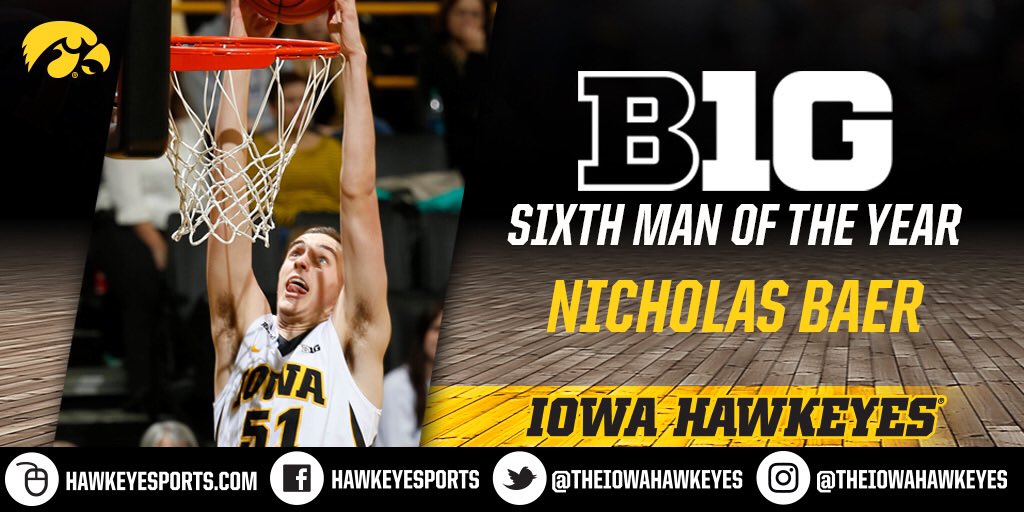 IowaHoops's tweet photo. Congrats to @nicholasbaer on becoming Iowa's third Big Ten Sixth Man of the Year honoree since 2006. #Hawkeyes https://t.co/9pzTjZTeso