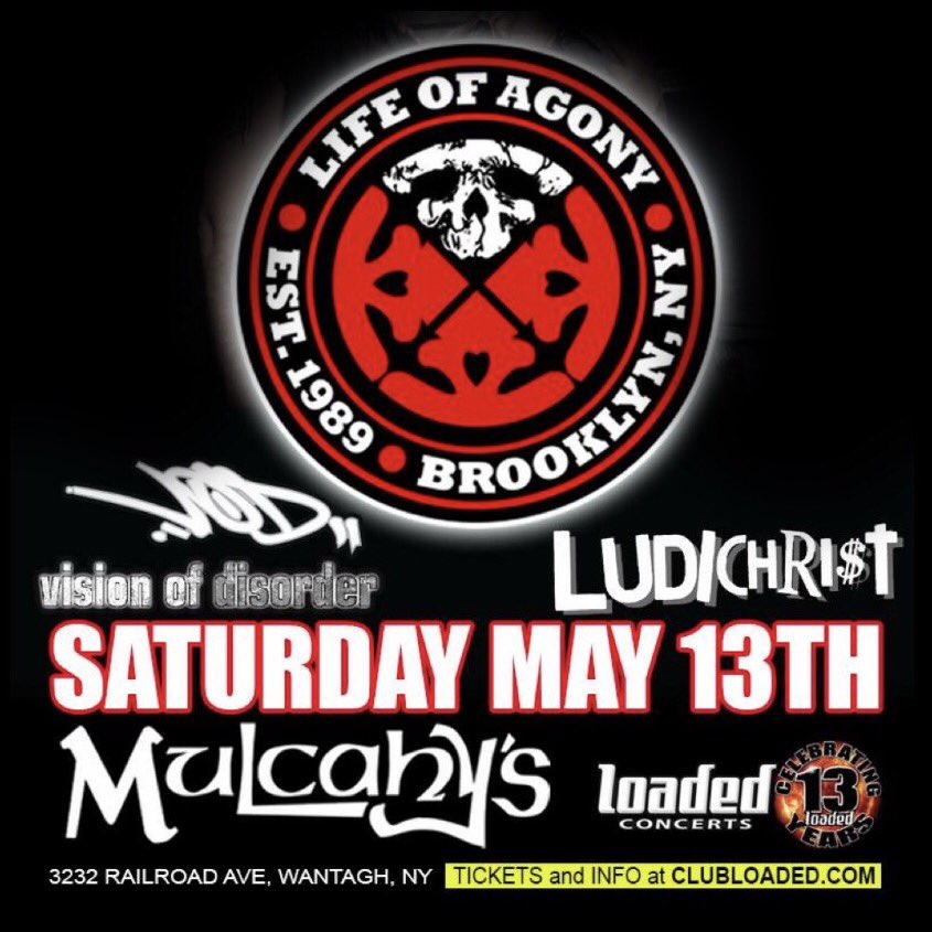 ON-SALE NOW
Saturday, 5/13 at <a href="/MulcahysPub/">Mulcahy's Pub</a>
@OffiLifeOfAgony w/ @VOD_Band #Ludichrist!
Doors 7PM - $30 / $35
Tix: bit.ly/2iAbSJZ