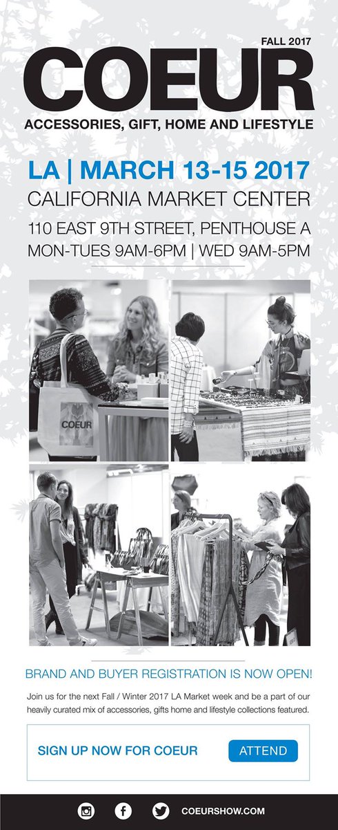 COEUR for Contemporary Accessories, Gifts, Home &amp; Lifestyle, returns Mar13-15! <a href="/COEURshow/">COEUR Tradeshow</a> at <a href="/cmcdtla/">California Market Center</a>. Brand list: coeurshow.com