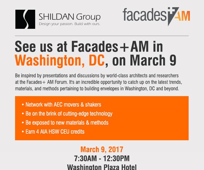 Visit <a href="/ShildanUSA/">Shildan, Inc.</a> this Thursday at <a href="/FacadesPlus/">Facades+</a> in DC