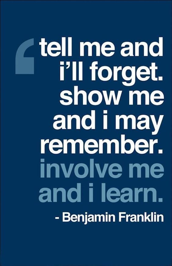 elearningminion's tweet photo. "Tell me and I'll forget. Show me and I may remember. Involve me and I #LEARN." - Benjamin Franklin #elearning #education https://t.co/9aSQCBpJyF