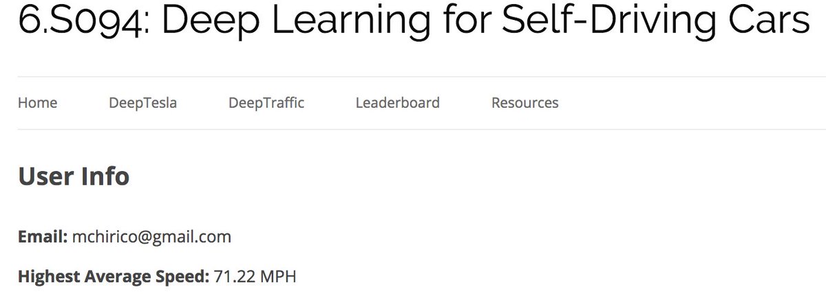 mchirico's tweet photo. #DeepTraffic at MIT is pretty cool. You create a NN all in your browser. I hit 71MPH ...pretty cool! https://t.co/h55c23Eqlp https://t.co/cmnailyhoX