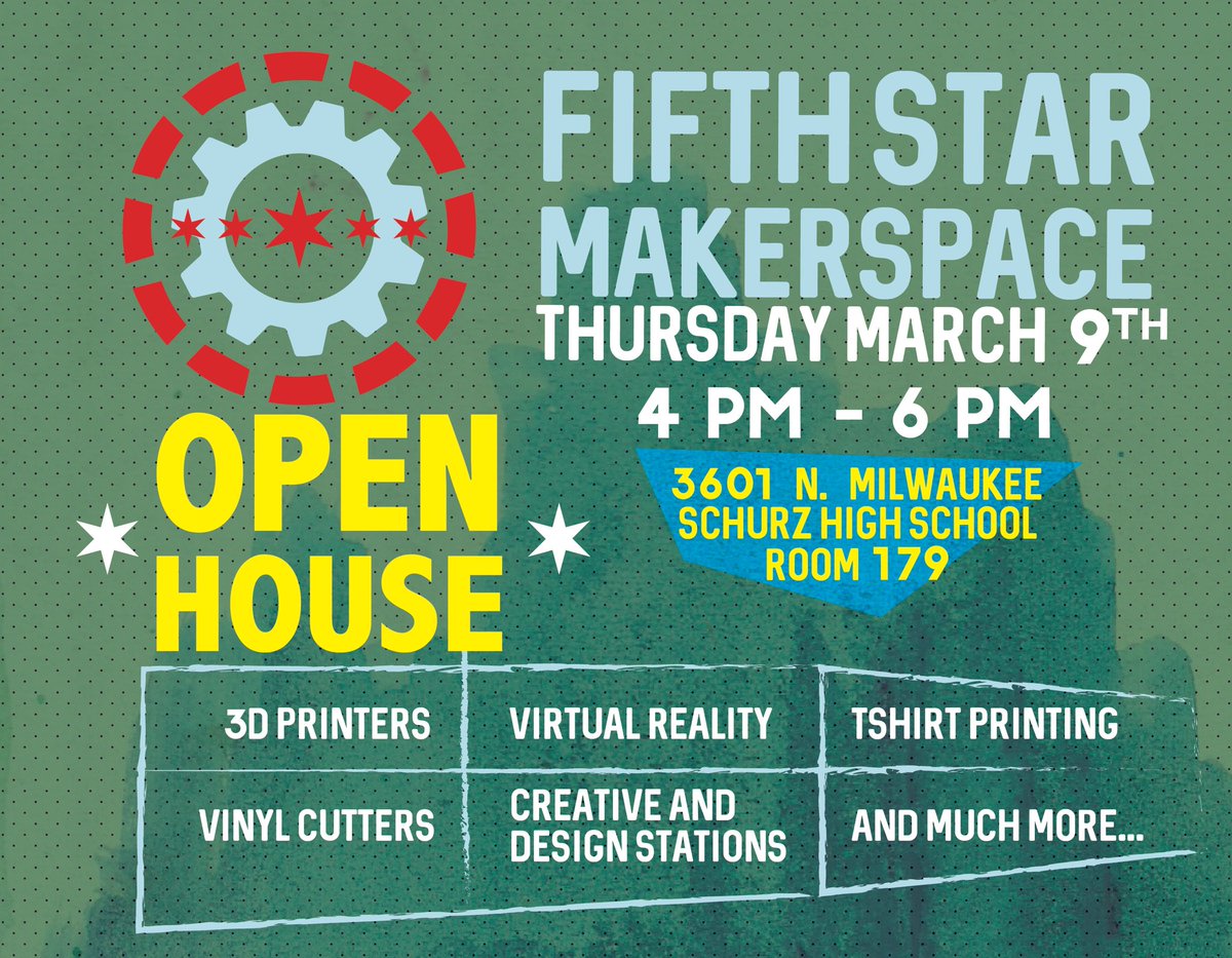 Caitlinosaurus5's tweet photo. Come to the FifthStar Makerspace Open House Thursday &amp; play w our HTC Vive, check out the 3D printers, &amp; see our new student designed mural https://t.co/qI8txAzYnx