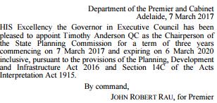 Former #SupremeCourt Justice Timothy Anderson QC appointed Chair of SAs inaugural State #Planning Commission. #planningmatters <a href="/pia_planning/">PIA</a>