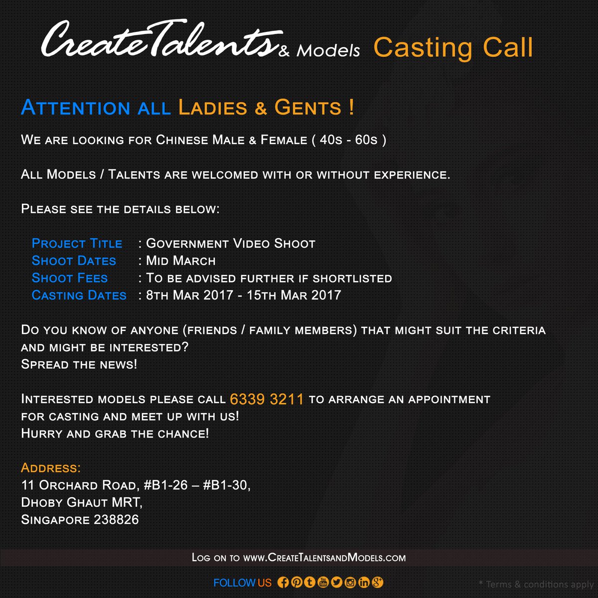 Create_Talents's tweet photo. We are looking for #Chinese #Male & #Female ( 40s - 60s ) for #Government #Video #Shoot
#castingcall #modelingjobs #Modeljobs #createtalents https://t.co/dHrInhHgav