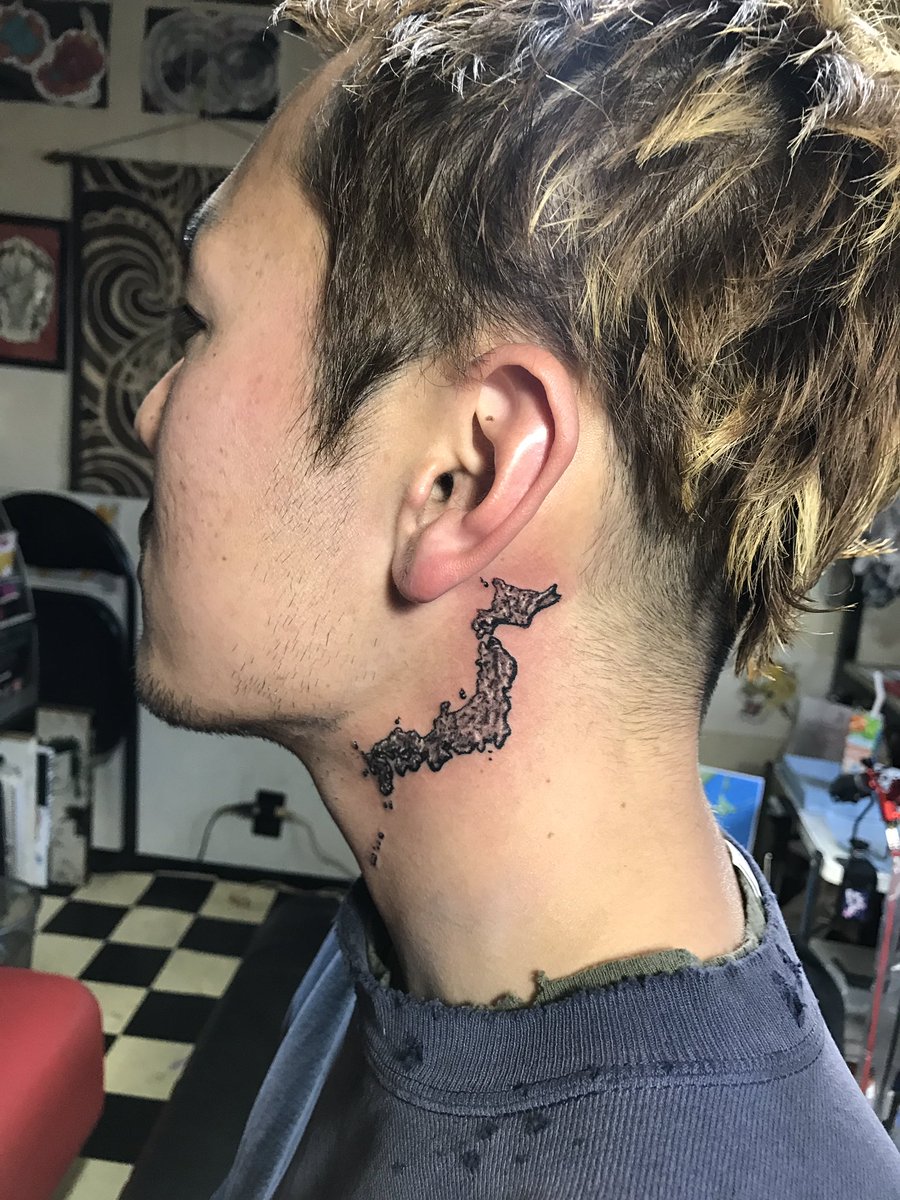 2face Tattoo Studio 首に日本列島を彫りました 刺青 タトゥー Tattoo 日本列島 Japan ブラックアンドグレー 千葉 木更津 聖針 2facetattoo