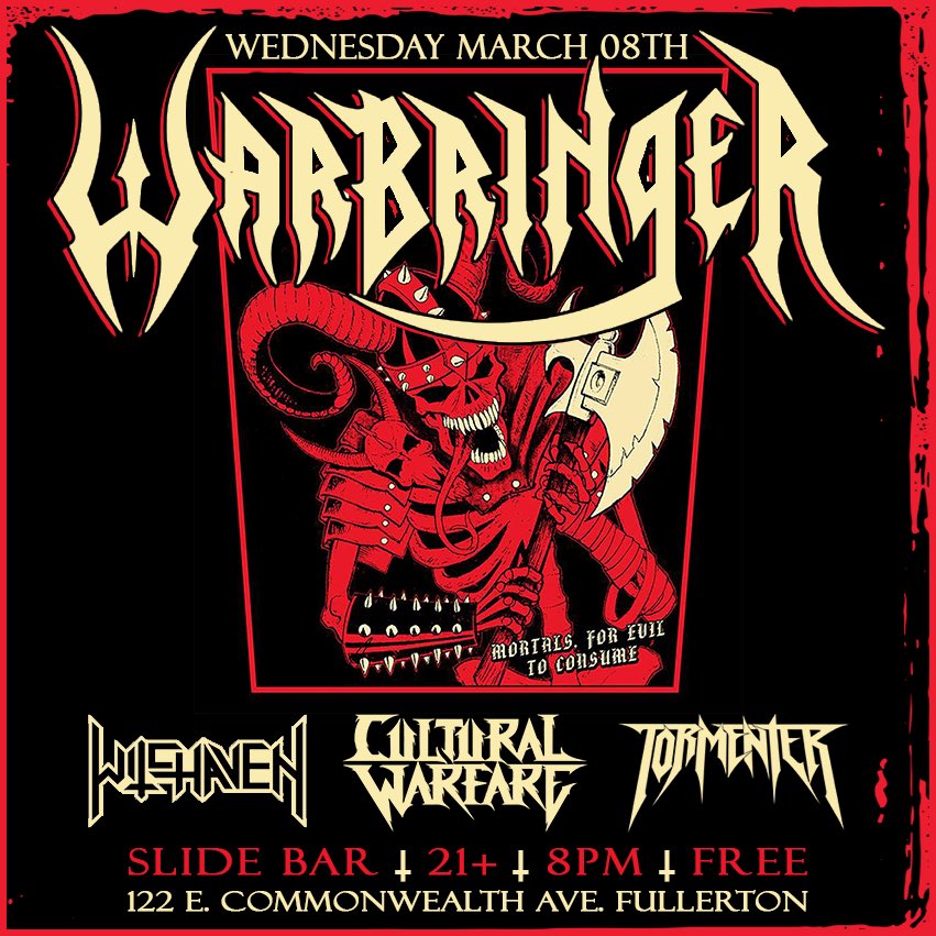 Killer show coming up this Wednesday w/ <a href="/warbringerband/">Warbringer</a> @Witchaven666 &amp; <a href="/CulturalWarfare/">Cultural Warfare</a> at <a href="/theslidebar/">The Slidebar</a>