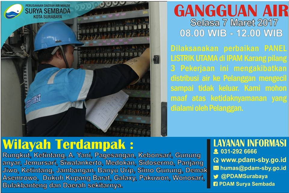 infosurabaya's tweet photo. #InfoGangguanAir @PDAMSurabaya tanggal 7 Maret 2017 Perbaikan panel listrik utama Instalasi Pengolahan Air Minum (IPAM) Karangpilang 3. https://t.co/kOMiEaDzx4