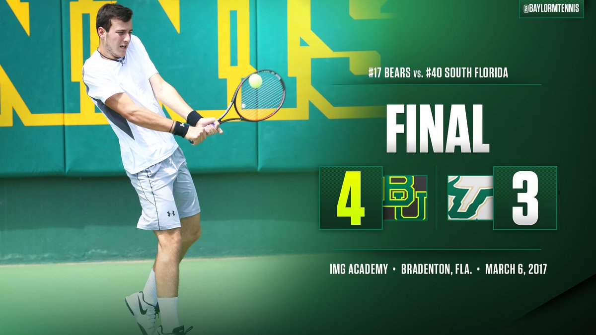 BaylorMTennis's tweet photo. FINAL: In a third-set tiebreaker, Constantin Frantzen clinches a 4-3 victory for Baylor over @USFMTEN. #SicEm https://t.co/dhRqqEEqkO