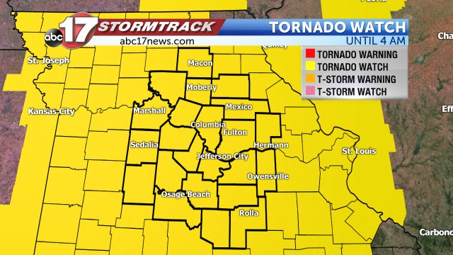 ABC17Stormtrack's tweet photo. Tornado watch for all of Mid-Missouri until 4 AM. #midmo #mowx https://t.co/Z3n9xRKCDZ