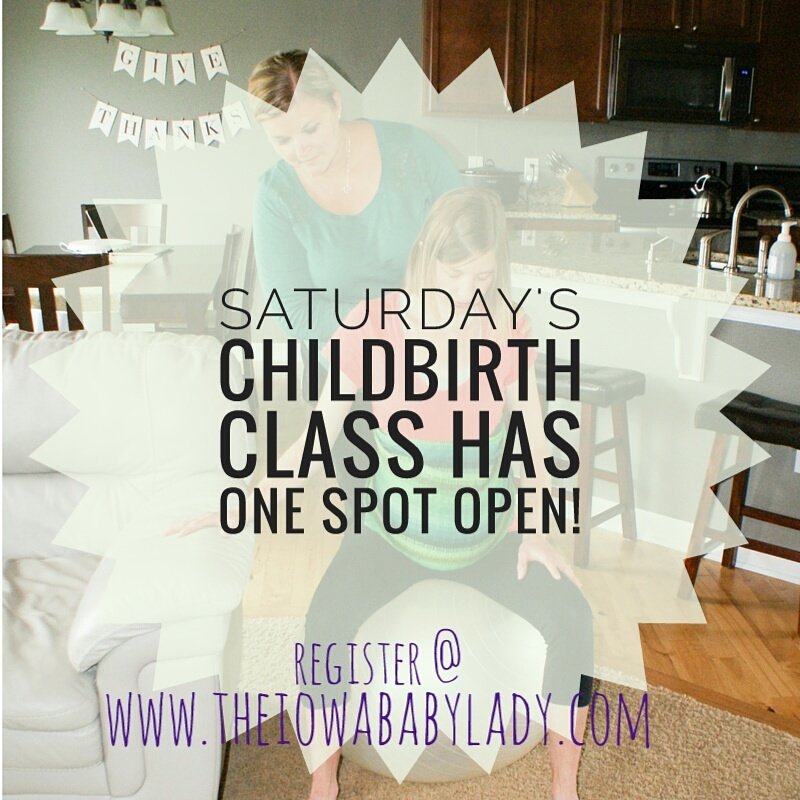 TheIowaBabyLady's tweet photo. We have one spot left for Saturday's One Day Childbirth Class! Contact katie@theiowababylady.com with questions or to register! https://t.co/4fjZMswWoi