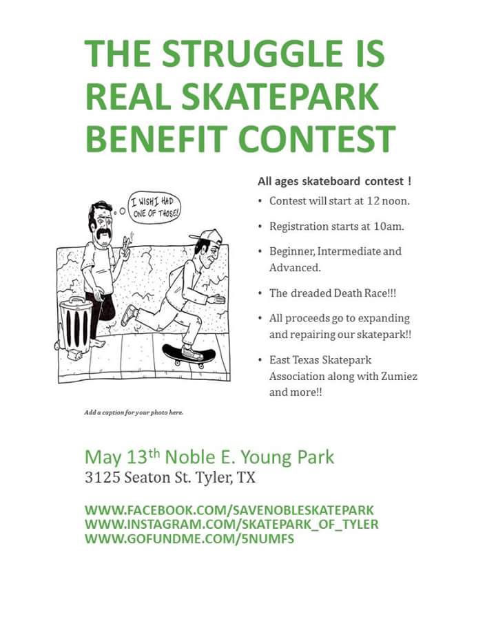 Support skating!
#Tyler #Texas #Skate #Skatepark #skateboarding #Contest #May #Sk8 #SupportSkate #EastTexas #RT #Share #BeThere #2017 #Legit
