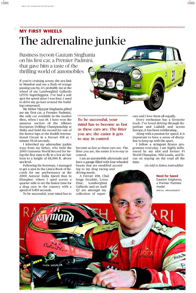 SinghaniaGautam's tweet photo. Checkout this article "The adrenaline junkie" in @THMetroPlus of @the_hindu.
#MyFirstWheels #Adrenalinejunkie https://t.co/nMcUosRxK0